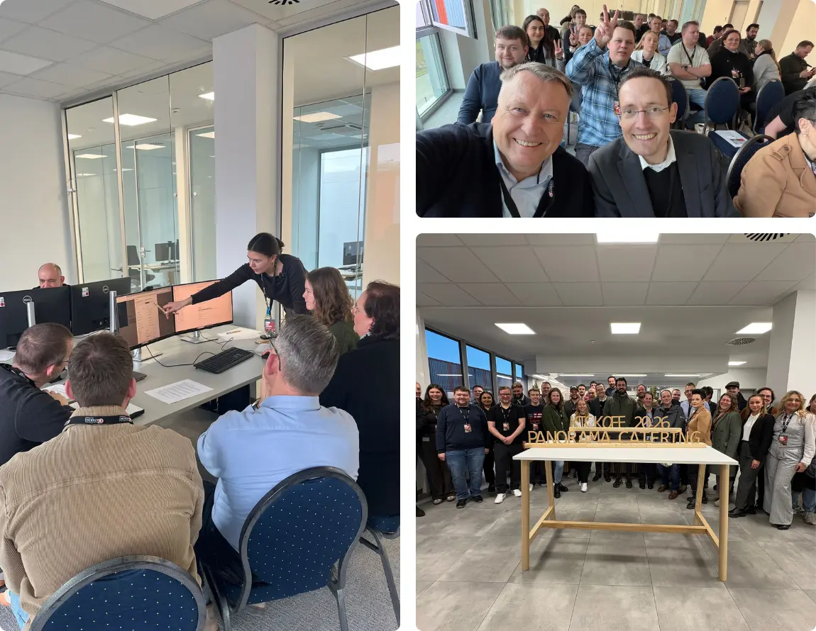 Fotocollage mit drei Aufnahmen einer Unternehmensveranstaltung. Zu sehen sind eine Schulungssituation an Computern, ein Gruppen-Selfie in einem Veranstaltungsraum sowie ein gemeinsames Gruppenfoto mit Teilnehmenden vor einem Tisch mit der Aufschrift „Kickoff 2025 Panorama Catering“.