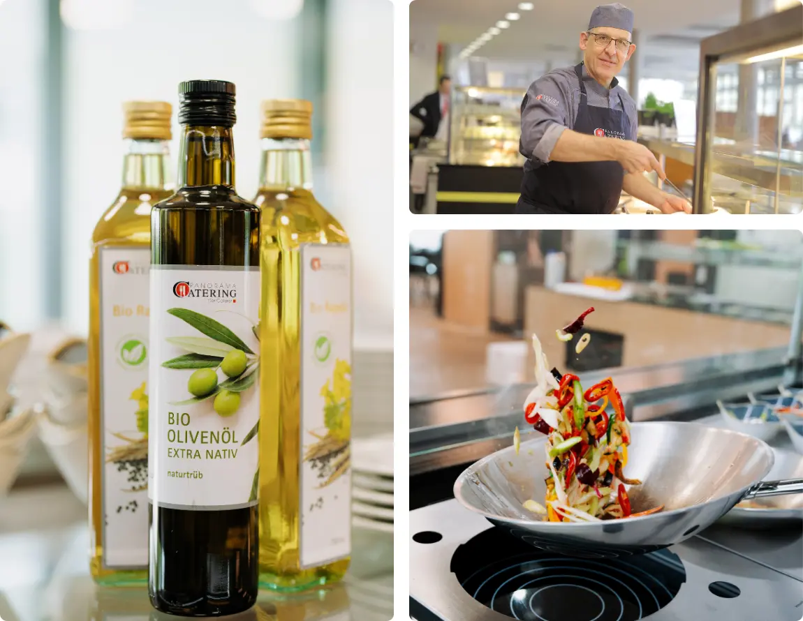Fotocollage mit drei Motiven aus dem Catering-Bereich: Bio-Olivenöl als hochwertige Zutat, eine Person bei der Speisenausgabe an einer Theke sowie ein frisch zubereitetes Wok-Gericht in einer Pfanne.
