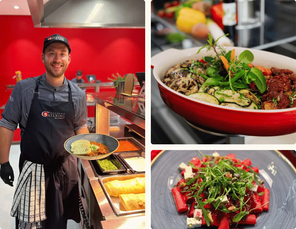 Catering-Mitarbeitende präsentieren frisch zubereitete Speisen an einer modernen Ausgabetheke. Zu sehen sind ein warmes Hauptgericht mit Gemüse sowie ein farbenfroher Salat, angerichtet mit frischen Zutaten.