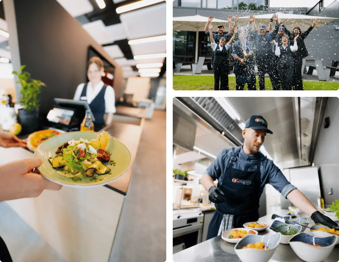 Collage aus dem Catering-Alltag: Ausgabe eines frisch zubereiteten Gerichts, Teamfoto im Außenbereich und Anrichten von Speisen in einer professionellen Küche.