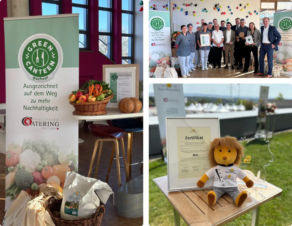 Fotocollage mit drei Motiven zum Thema Nachhaltigkeit und Auszeichnungen in der Gemeinschaftsverpflegung. Zu sehen sind ein „Green Canteen @school“-Informationsstand, eine Gruppenaufnahme bei einer Zertifikatsübergabe sowie ein Zertifikat mit Maskottchen im Außenbereich.