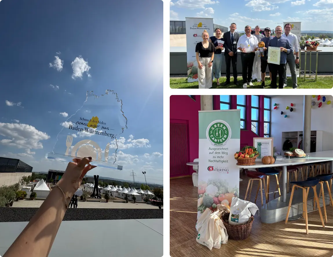 Fotocollage mit drei Motiven rund um Auszeichnungen und Nachhaltigkeit. Zu sehen sind eine gläserne Auszeichnung vor einem Veranstaltungsgelände, ein Gruppenfoto bei einer Zertifikatsübergabe sowie ein „Green Canteen“-Informationsstand.